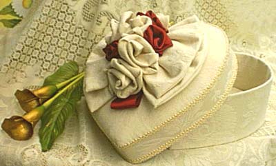 Heart shaped box, cream or ivory damask