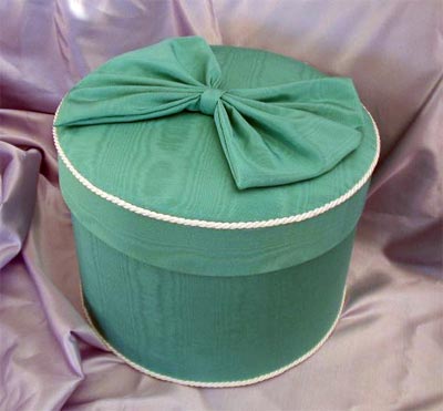 Large Hat Box covered in teal moire fabric