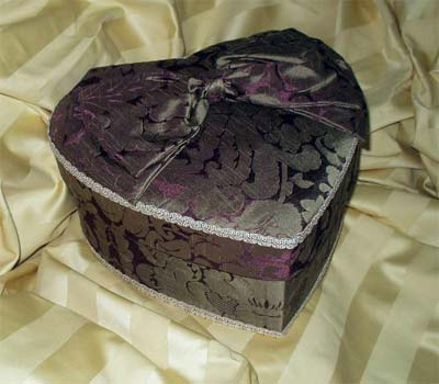 Heart shaped Aubergine & Gold Silk Damask