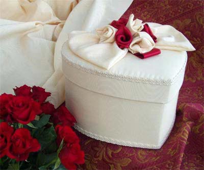 Heart Shaped Box - White or Cream Moire with Red flowers